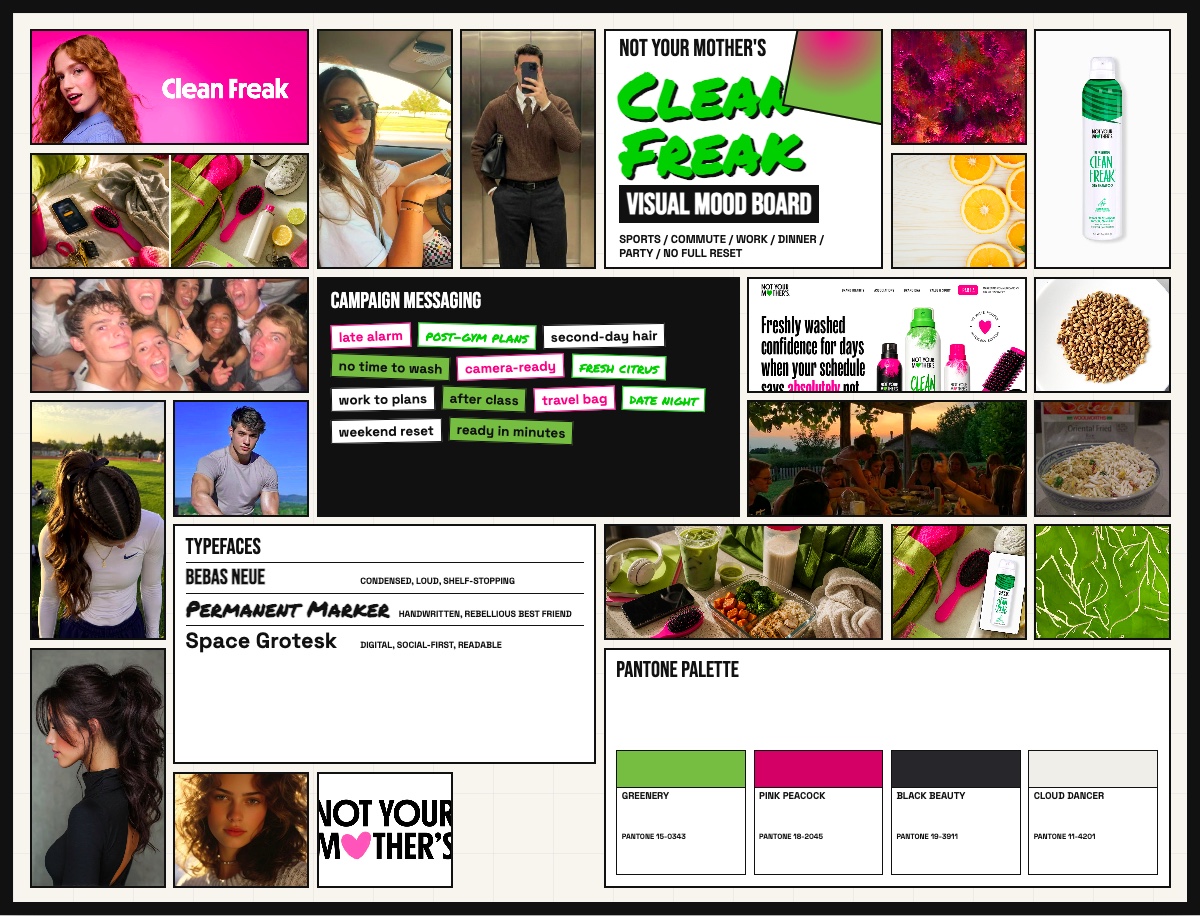 Not Your Mother's Clean Freak visual mood board: type system, Pantone palette, campaign messaging and lifestyle imagery