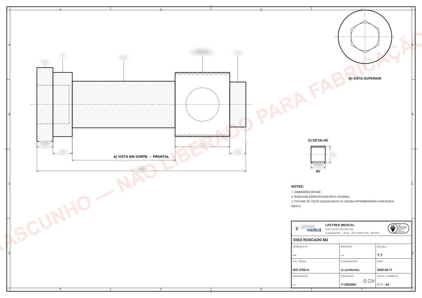 A3 technical drawing of an M2 threaded shaft, dimensions blurred